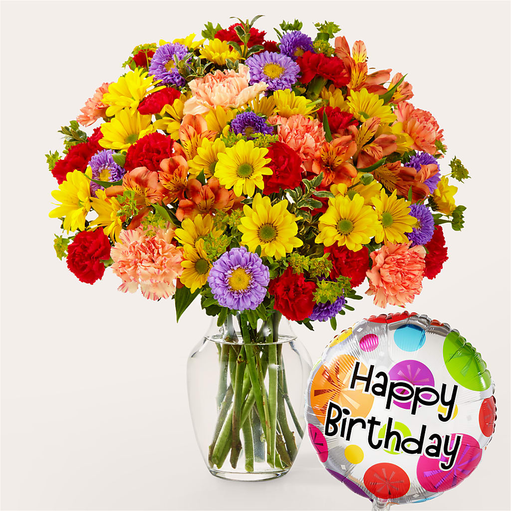 Kaleidoscope Bouquet with Birthday Balloon – Bella Rose, Rialto CA