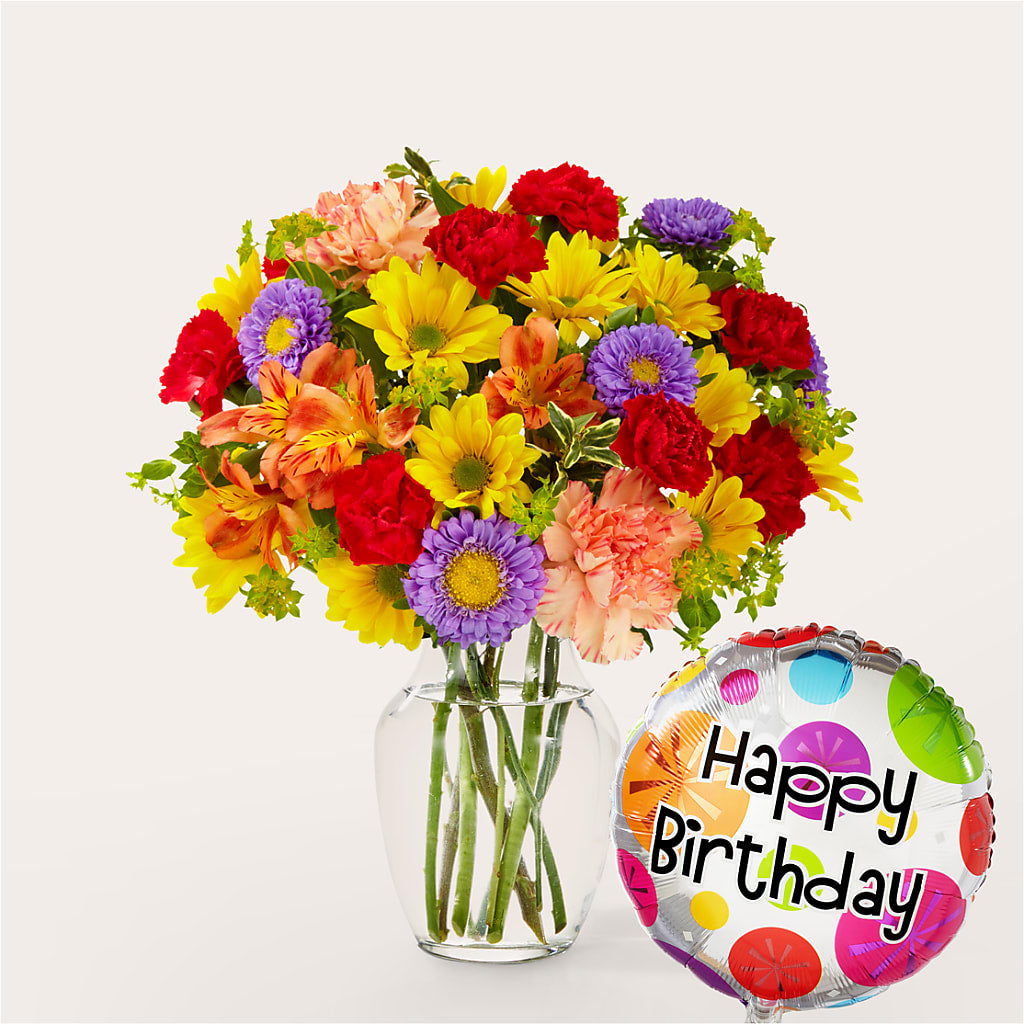 Kaleidoscope Bouquet with Birthday Balloon – Bella Rose, Rialto CA