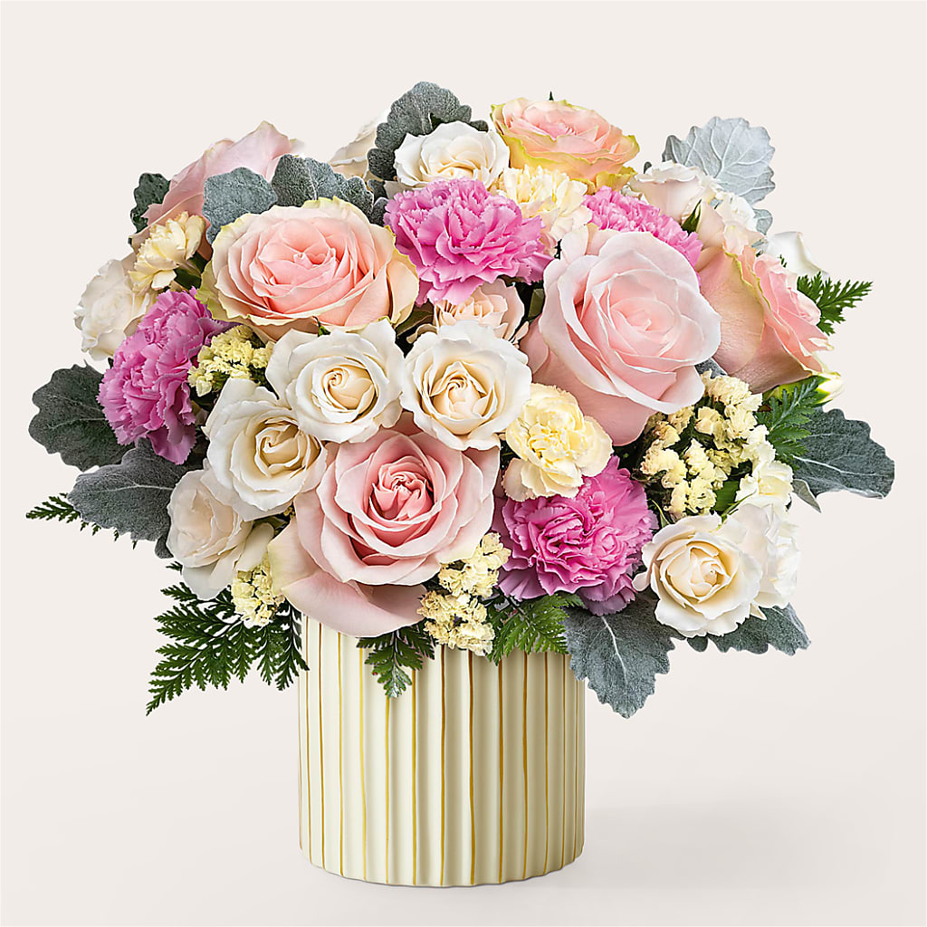 Blissful Moments Bouquet with Ivory Vase – Bella Rose, Rialto CA