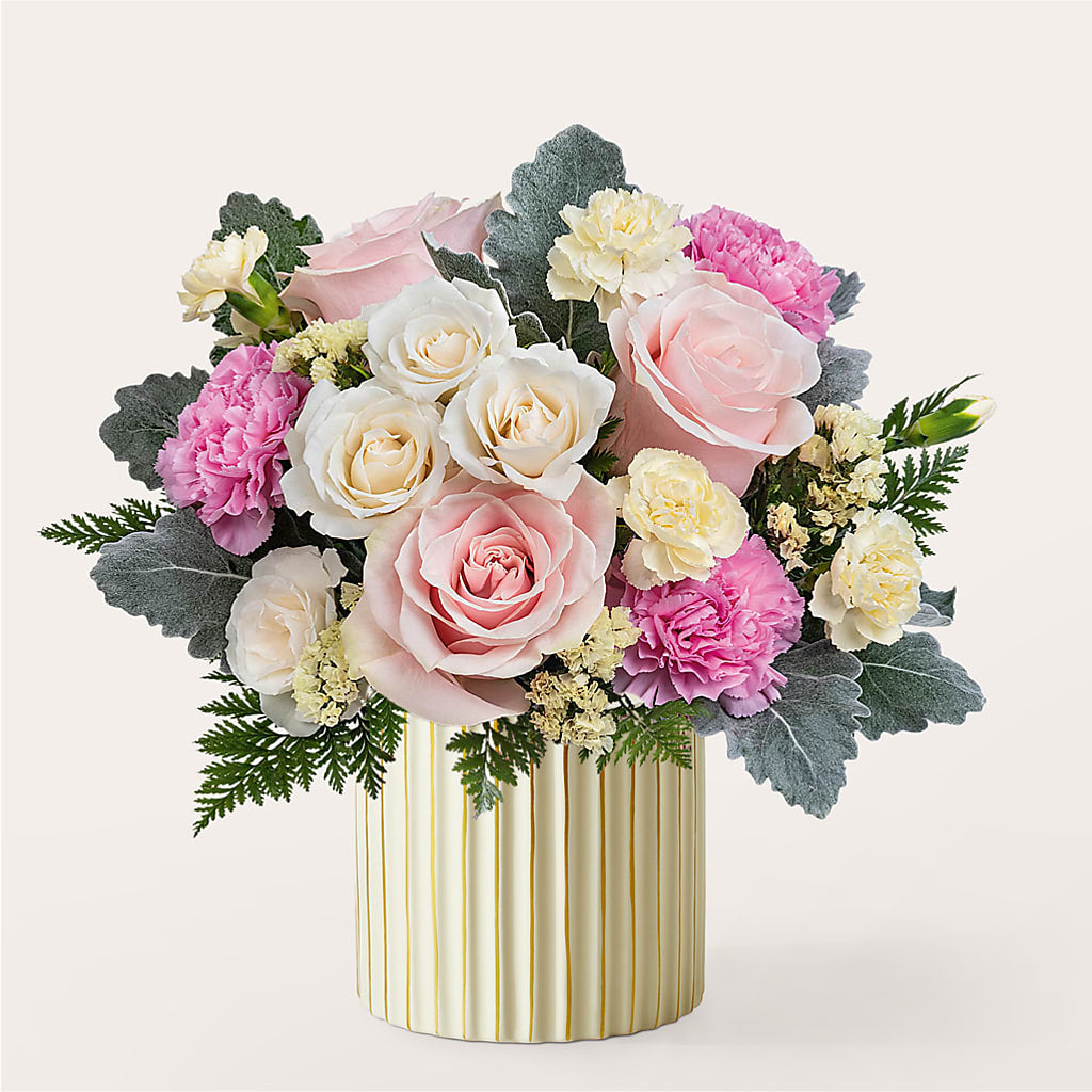 Blissful Moments Bouquet with Ivory Vase – Bella Rose, Rialto CA
