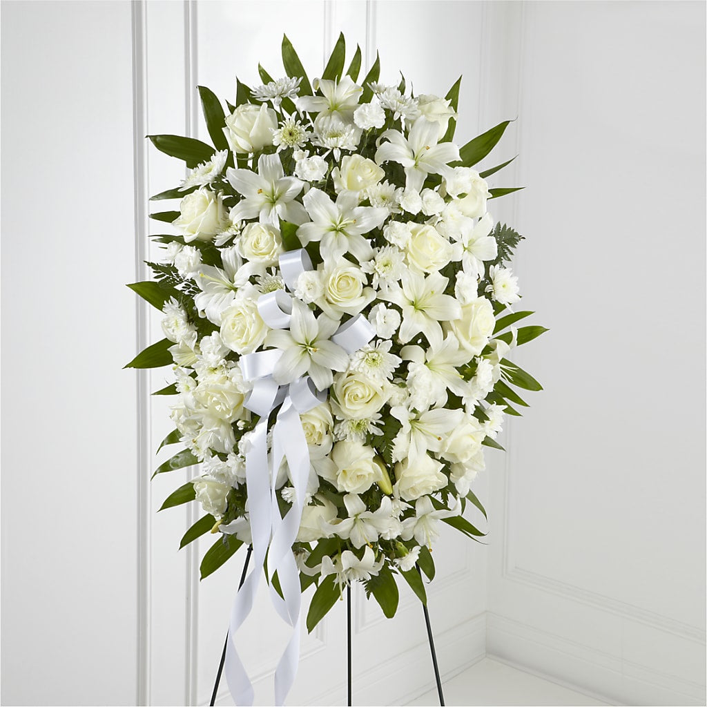 Exquisite Tribute Standing Spray-White Ribbon – Bella Rose, Rialto CA