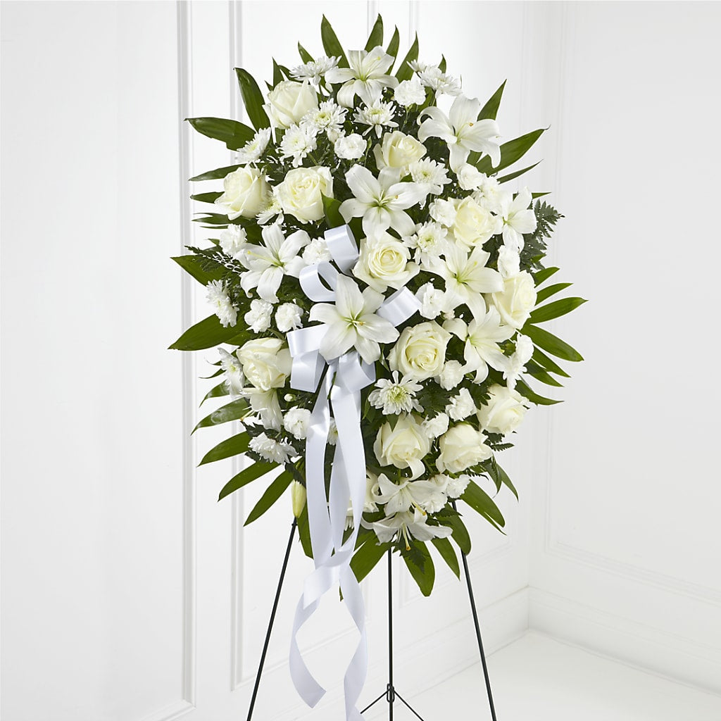 Exquisite Tribute Standing Spray-White Ribbon – Bella Rose, Rialto CA