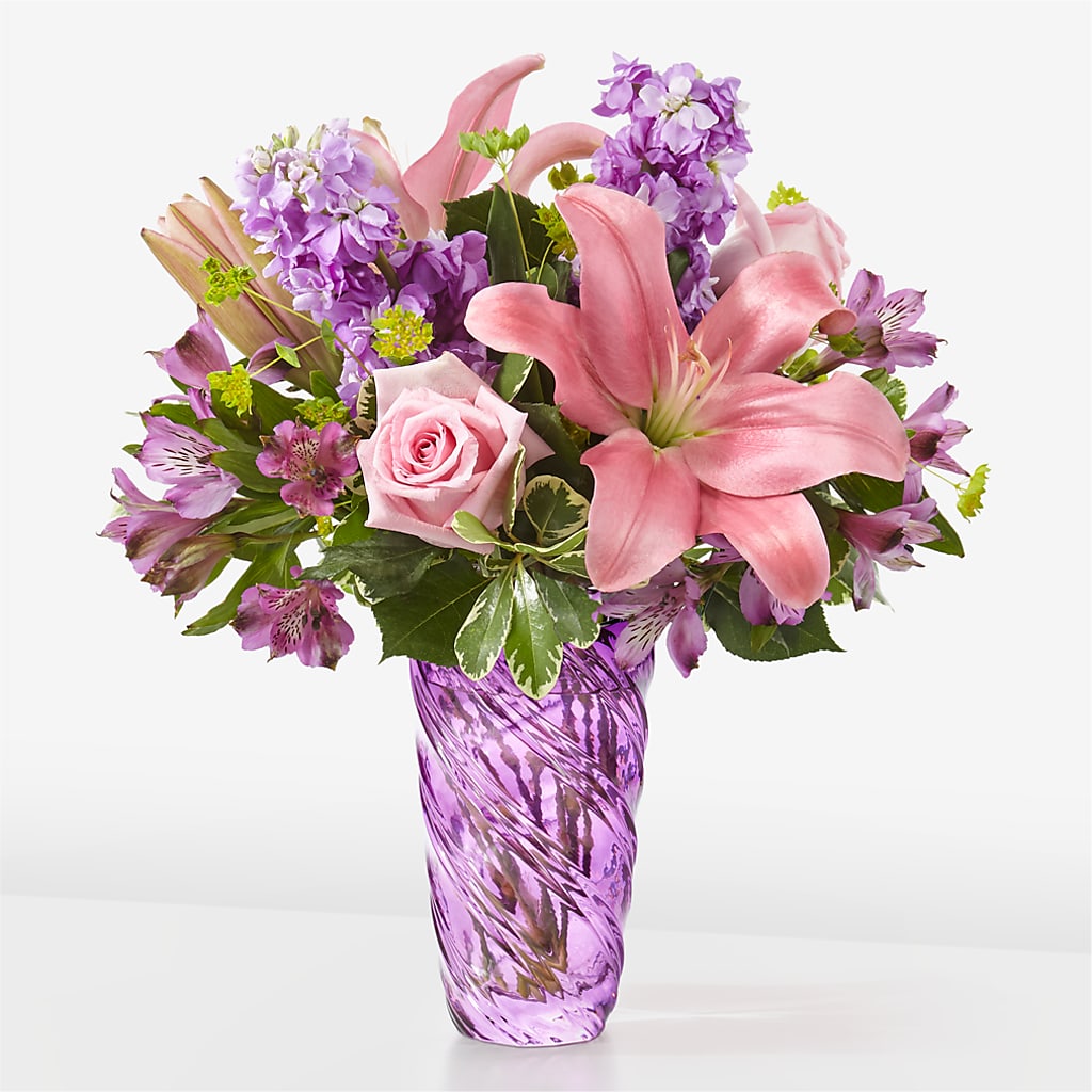 Precious Petals Bouquet with Luxe Swirl Vase – Bella Rose, Rialto CA