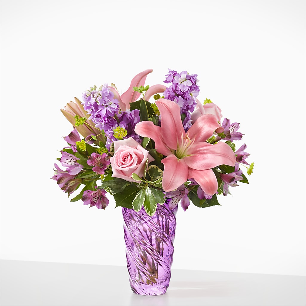 Precious Petals Bouquet with Luxe Swirl Vase – Bella Rose, Rialto CA