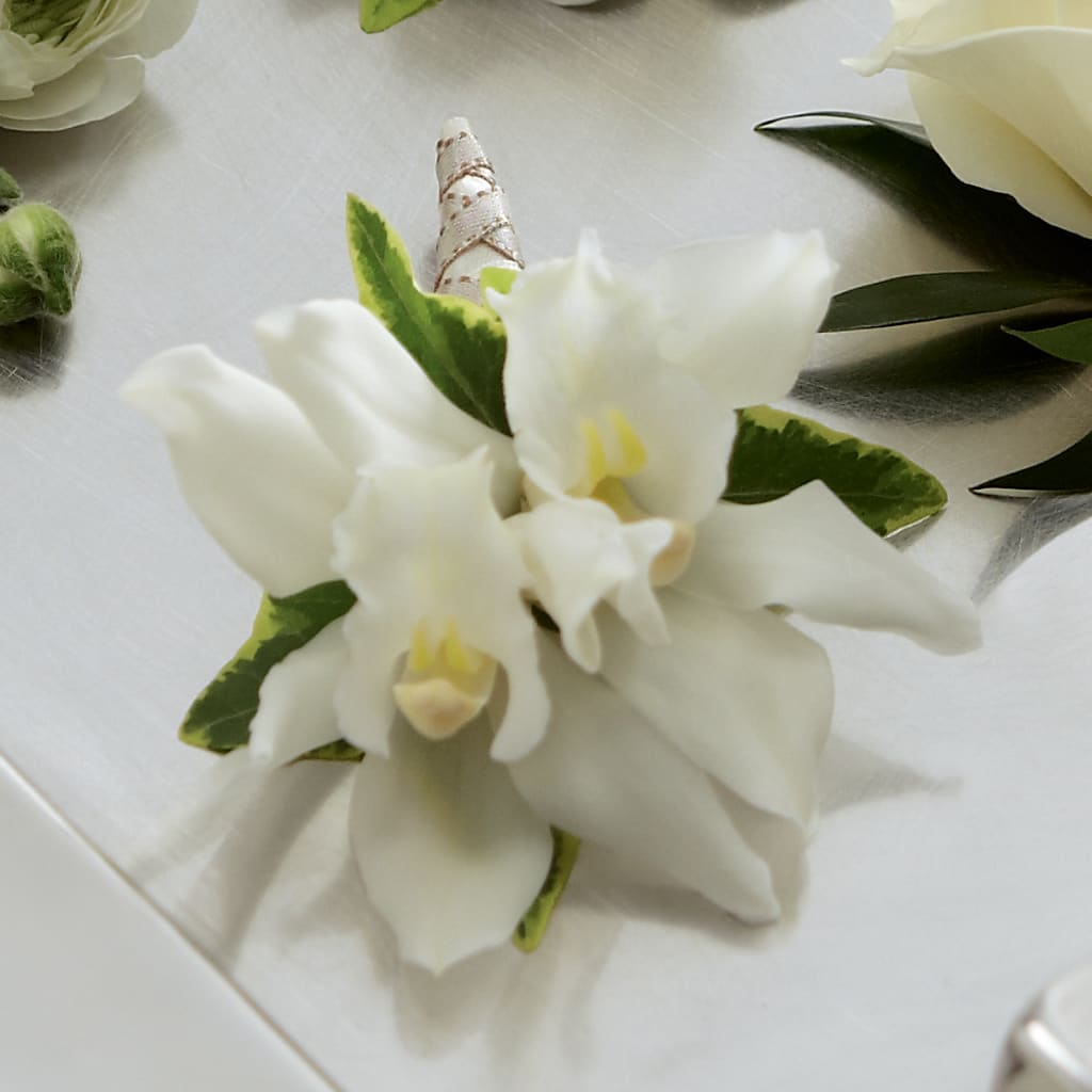 White Mini Cymbidium Boutonniere – Bella Rose, Rialto CA
